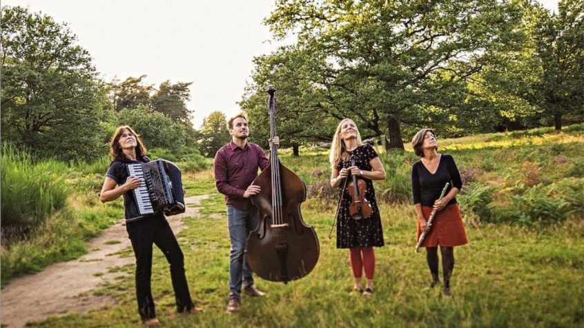 Die vierköpfige Band steht mit ihren Instrumenten im Grünen und blick zufrieden nach oben.