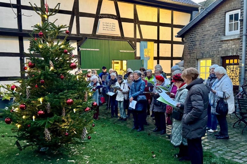 Eine Gruppe steht vor dem Tannenbaum und singt mit Liedzetteln im beleuchteten Museumshof.
